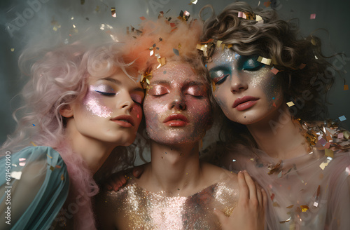 Portrait of young girls with glossy make up celebrating party with confetti