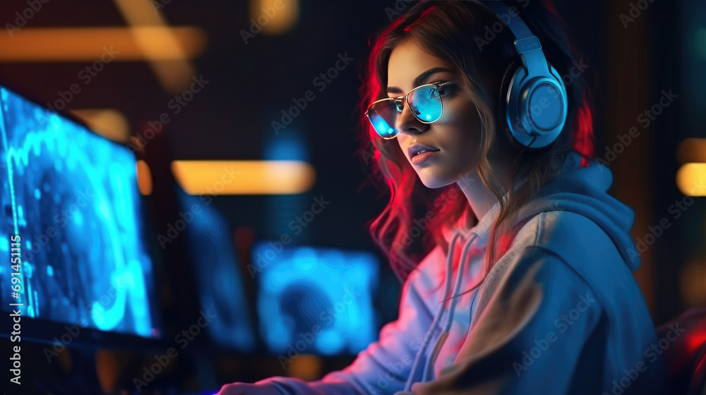 A programmer girl who is using her modern computer