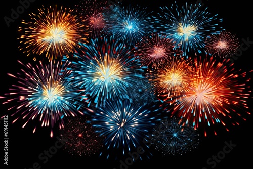 Nighttime extravaganza of celebration. Dazzling fireworks paint sky with brilliant colors marking joyous occasion. Each burst spectacular display of light and energy creates stunning in dark night