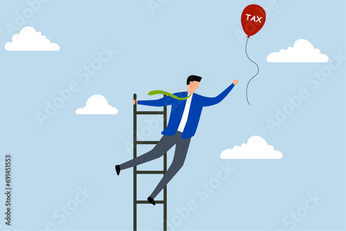 Ladder of success, A businessman climbs the ladder to the cloud in order to catch a balloon with dollar money.