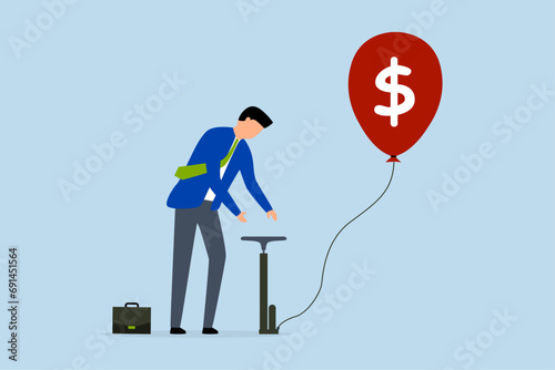 Investment bubble causing financial crisis, businessman investor pumps air into a large floating balloon with a US Dollar money sign ready to burst.