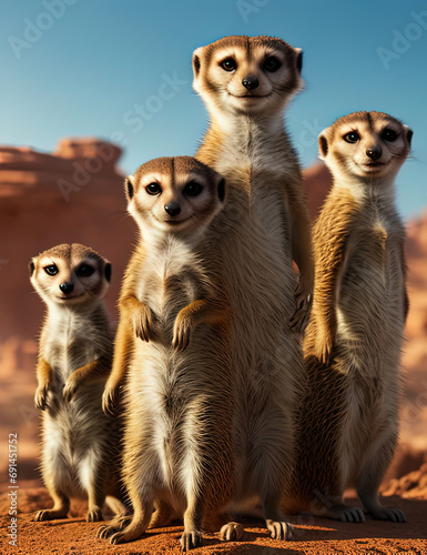 three meerkats standing on a rock in the desert