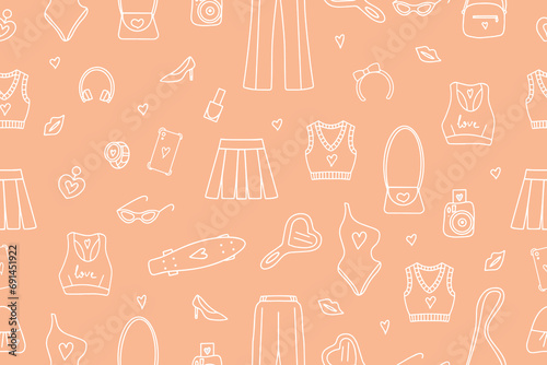Seamless fashionable pink patterns in Barbicore style. . Vector illustration