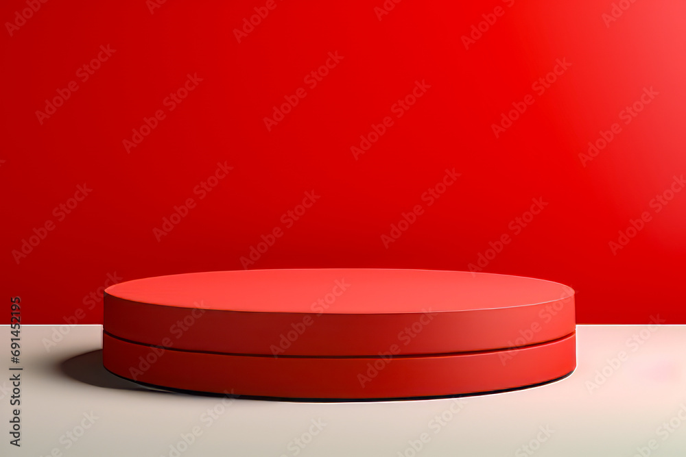 Red round object is sitting on white surface with red background.
