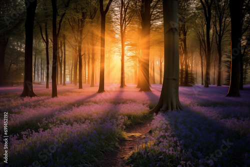 Bluebell forest with dawn sunrise bursting through the trees