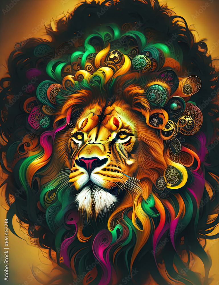 a close up of a lion with a colorful mane on a yellow background