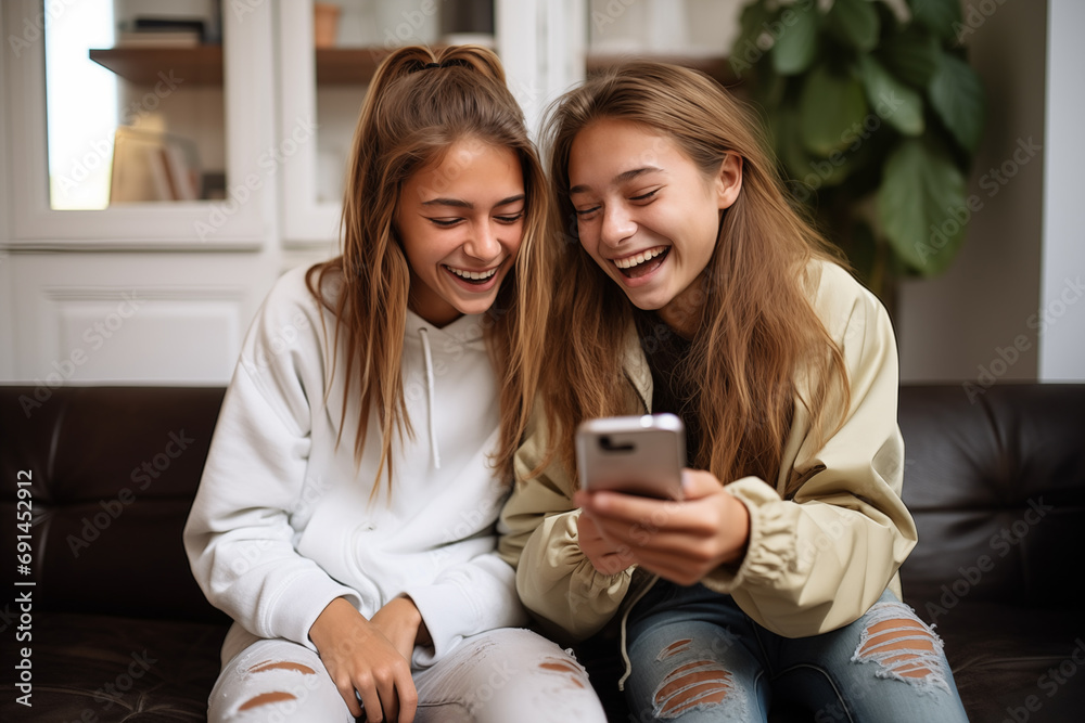 Two teenager girl friends in a house using mobile phone Two teenager girl friends in a house using mobile phone