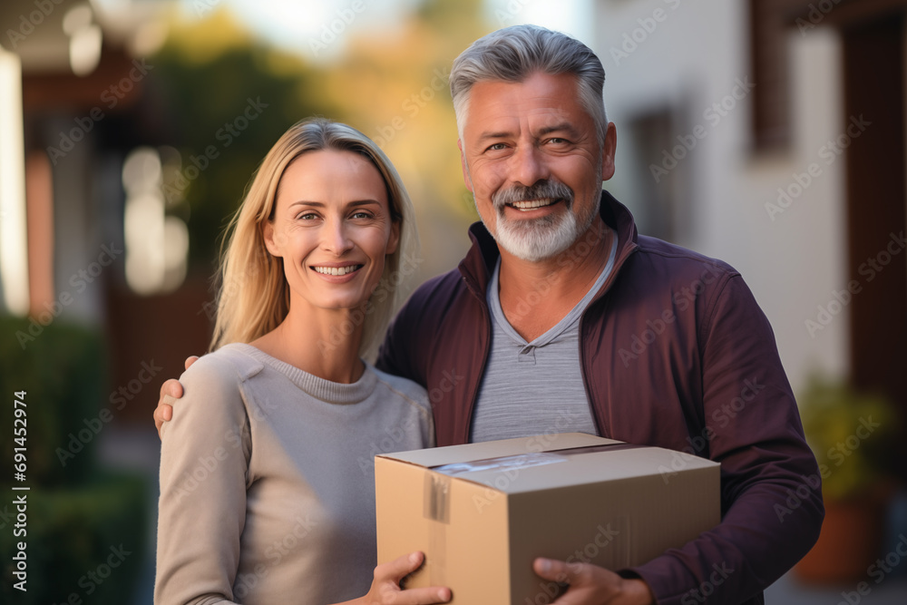Adult couple at outdoors holding delivery box Adult couple at outdoors holding delivery box