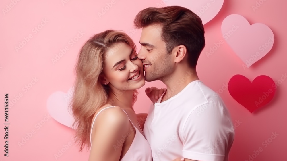 Woman kisses happy and smiling man Pink background with heart shape Valentine's Day. Emotions. Lifestyle. Woman kisses happy and smiling man Pink background with heart shape Valentine's Day. Emotions. Lifestyle.