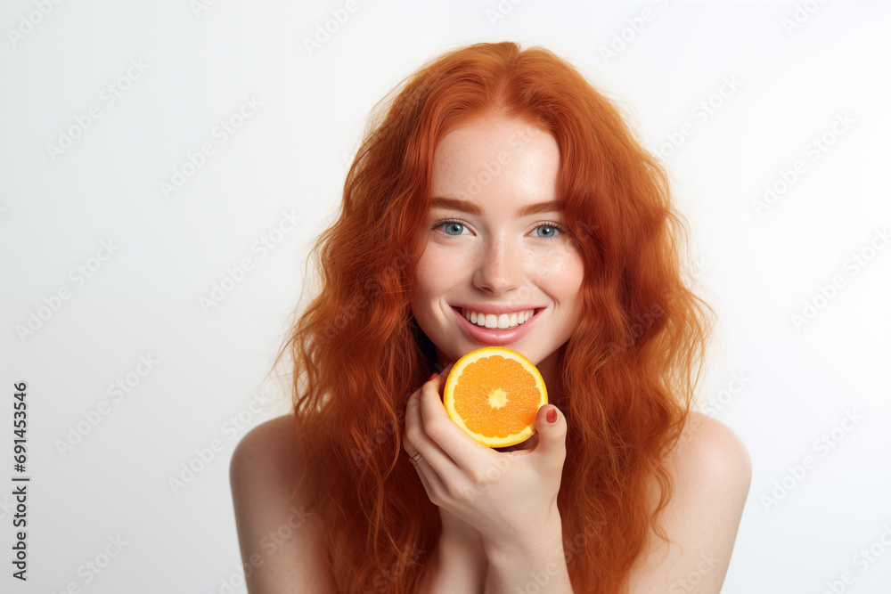 Young pretty redhead girl over isolated white background holding an orange Young pretty redhead girl over isolated white background holding an orange