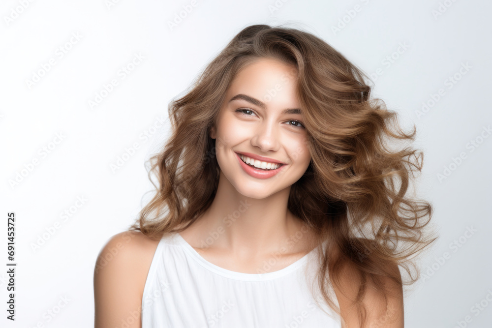 Radiant Young Woman with Lustrous Wavy Hair and a Bright Smile - The Epitome of Fresh Beauty and Vitality Radiant Young Woman with Lustrous Wavy Hair and a Bright Smile - The Epitome of Fresh Beauty and Vitality