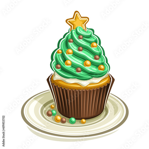 Vector logo for Christmas Cupcake, square poster with illustration of homemade cupcake in brown suit with twisted cream, decorated gold christmas balls, small cup cake on dish on white background