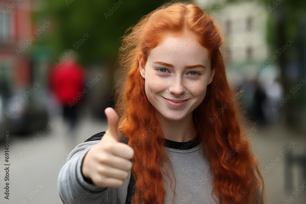 Young pretty redhead woman at outdoors with thumb up