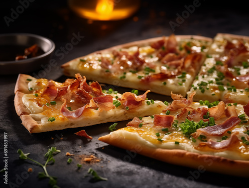 Typical Alsatian dish called Flammekueche or tarte flambée commonly known as the German Pizza nicely garnished.