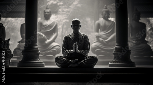 Black and white picture of two men practicing zen