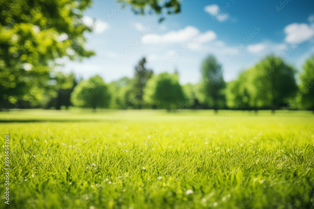 blurred background image of spring nature with a neatly trimmed lawn surrounded by trees against a blue sky with clouds on a bright sunny day