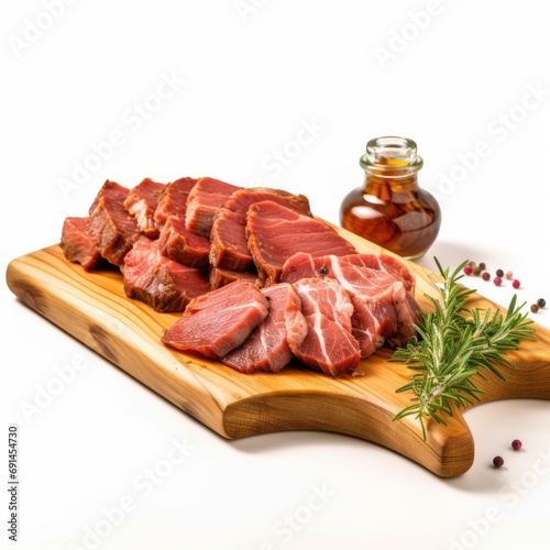 Raw Meat Slices on Wooden Board