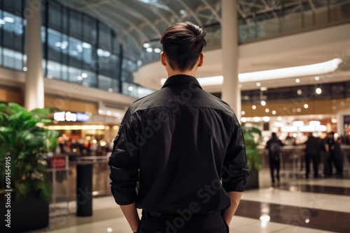 Security Guard Dressed In Black Stands Facing Away From Shopping Malls