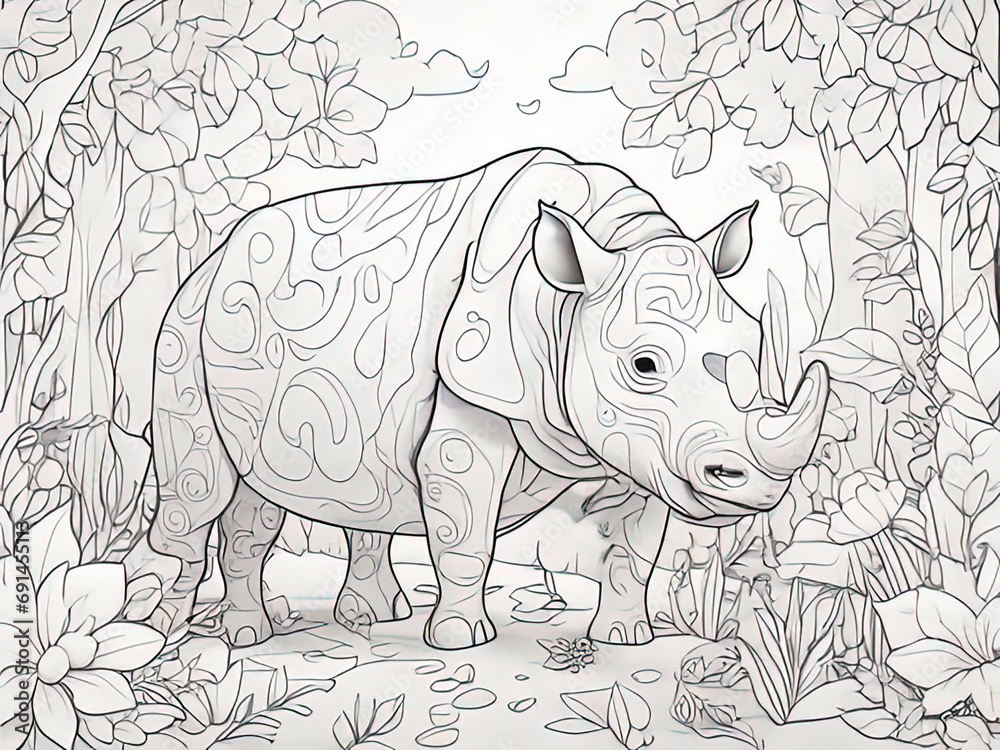 Naklejka premium coloring page of a rhino in the jungle with flowers and plants