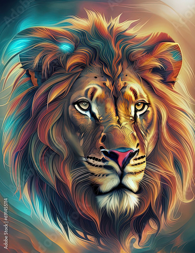 painting of a lion with a colorful mane and a blue sky background