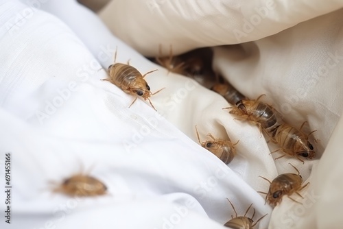 Bed Bug Infestation On White Sheets, Creepy Closeup photo