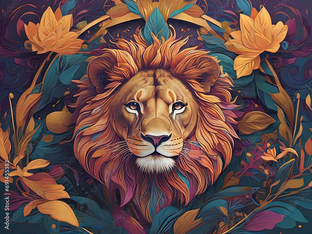 painting of a lion surrounded by leaves and flowers
