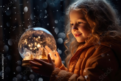 Childs Awe As They Uncover Magical Snow Globe. Сoncept Magical Winter Wonderland, Enchanted Snowflakes, Captivating Discovery, Childlike Wonder, Sparkling Magic photo