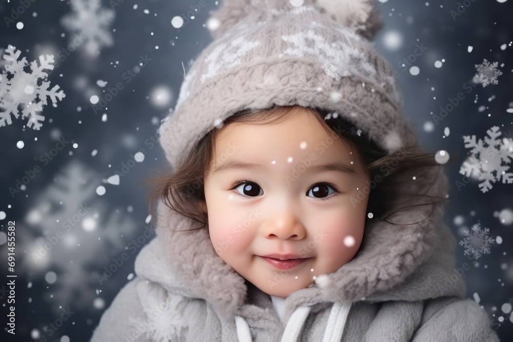 Cute Child With Happy Face Surrounded By Snowflakes Cute Child With Happy Face Surrounded By Snowflakes