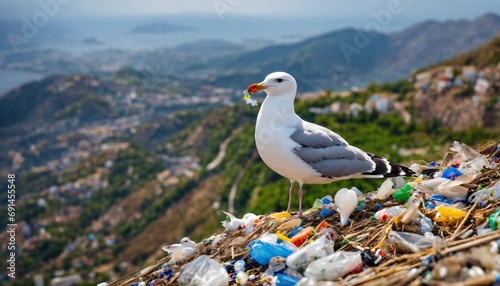 Photo A seagull holding plastic waste on its beak on the the top of a mountain in its