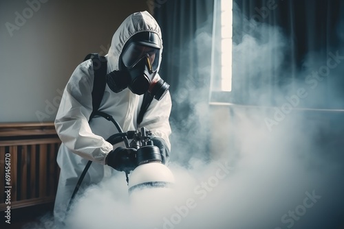 Man In Protective Suit Combating Bedbugs With Steam Spray. Сoncept Pest Control, Bedbug Prevention, Protective Suits, Steam Spray photo