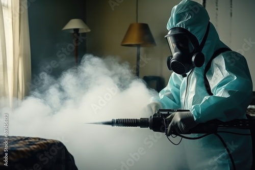 Man In Protective Suit Combating Bedbugs With Steam Spray photo