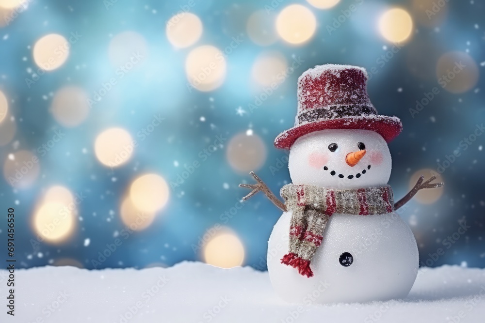 Snowman In Blurred Bokeh Background For Christmas Card. Сoncept Winter Wonderland, Festive Greetings, Magical Snowscape, Merry And Bright, Holiday Cheer
