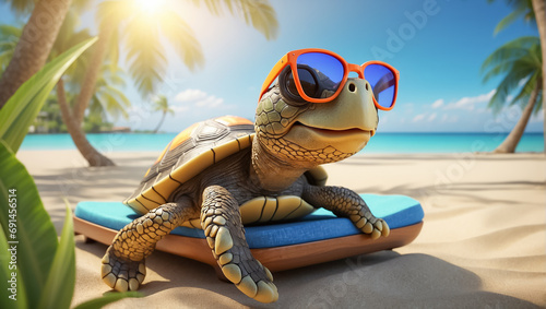 cute funny cartoon turtle on the beach wearing sunglasses design photo