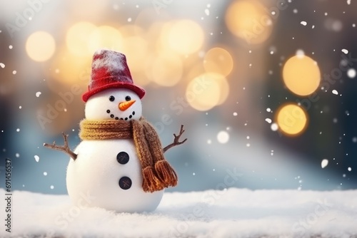 Snowman In Blurred Bokeh Background For Christmas Card © Anastasiia