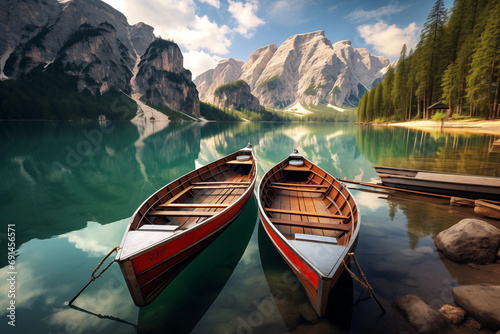 Boats on the Braies Lake in Dolomites mountains, Sudtirol, Italy.