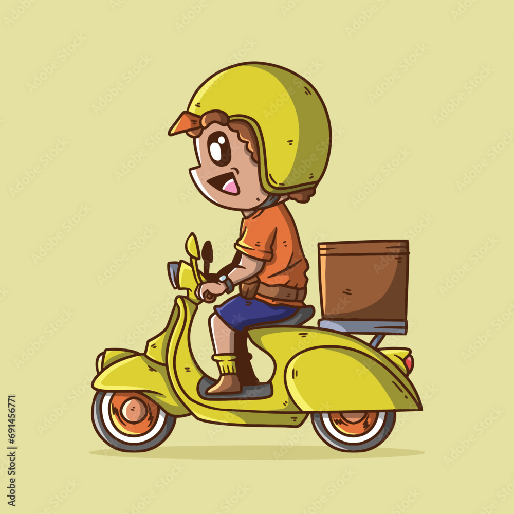 Cute Delivery boy Cartoon Vector Illustration riding yellow Retro Vintage Classic Scooter. Retro Classic Scooter Bike Vector