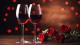 Valentine's Day red wine glass and rose couple heart background There is space to place text.