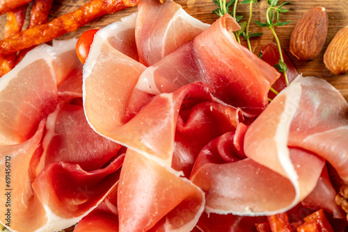 prosciutto, jamon, ham. Restaurant menu, dieting, cookbook recipe top view