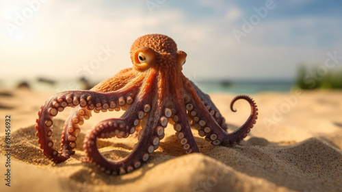 Close - up photo of an octopus on a sandy beach bathed in the soft morning sunlight