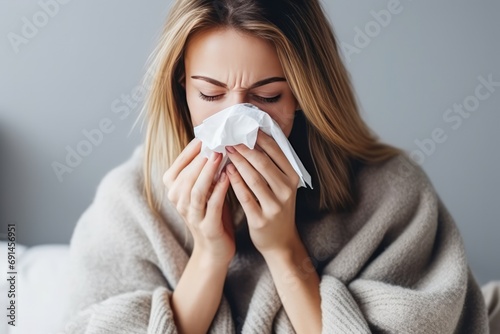 Young Woman Battles Flu, Blowing Nose Into Tissue photo
