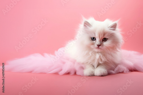 Cute kitten sitting in fluffy blanket over pink background. Cat looking to the right. Copy space. Concept of love, valentine, tender, intimacy.