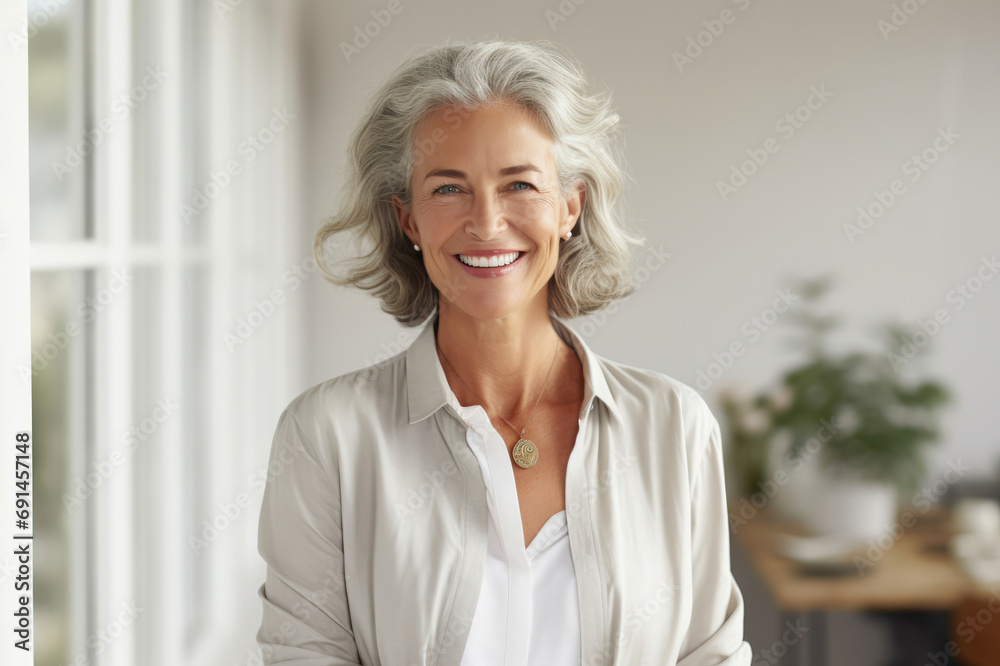 Radiant senior woman with silver hair and a warm smile, dressed in a casual chic shirt. Radiant senior woman with silver hair and a warm smile, dressed in a casual chic shirt.