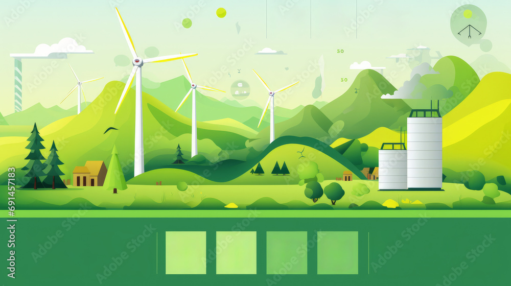 Green energy concept climate change mitigation, green ecology banner with windmills
