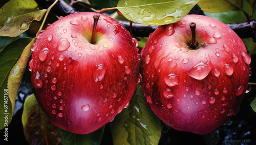 Luscious red apples with water droplets nestled among green leaves, capturing the essence of freshness and natural beauty.
