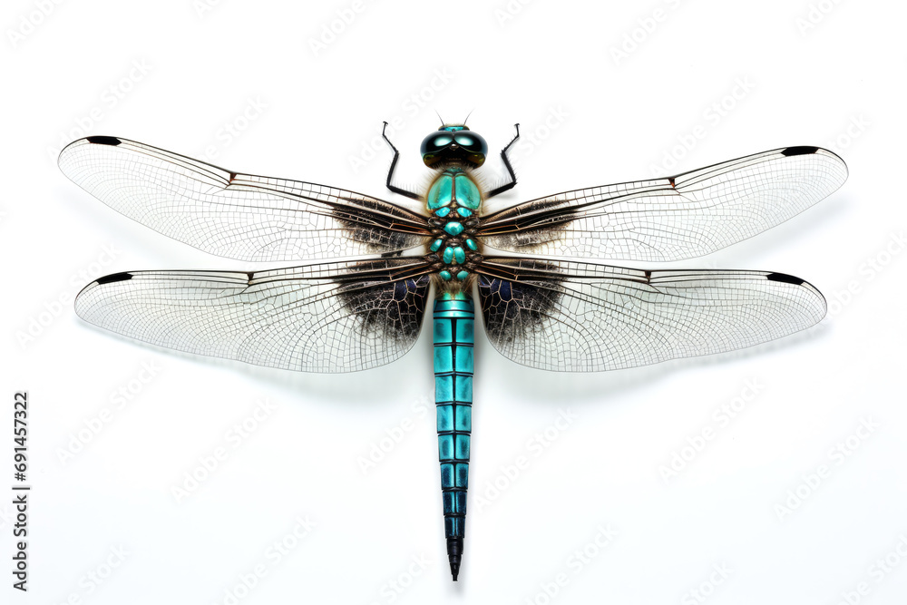 Light blue green dragonfly on white background, top view
Light blue green dragonfly on white background, top view