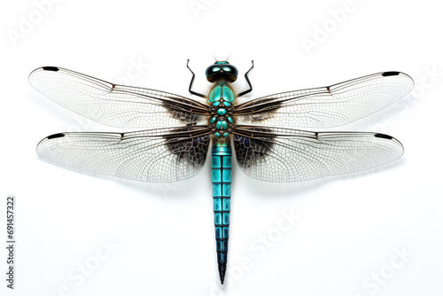 Light blue green dragonfly on white background, top view 