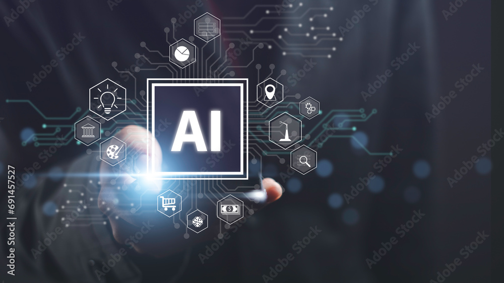 Fototapeta premium AI analytics for business generates something concept. Artificial Intelligence technology chatbot robot tools analytics . Ai chat smart software learning data for target business developer system.