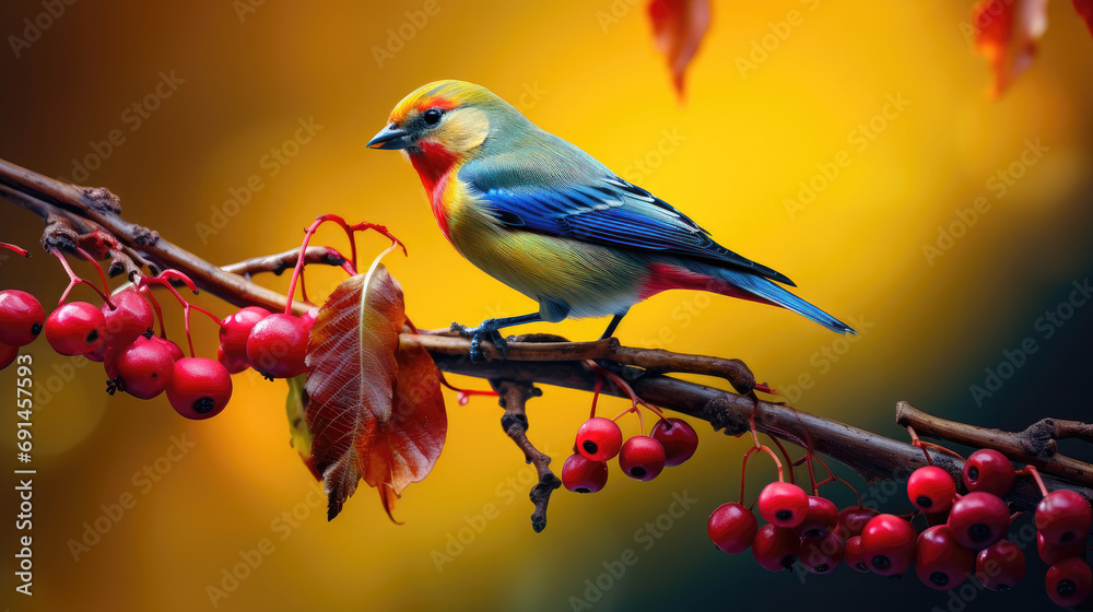 Vibrant multi-colored bird on branch with red berries.