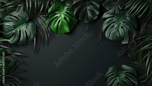 Rich green tropical leaves with deep shadows creating a vibrant  yet mysterious botanical scene.