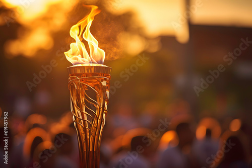Torch with burning flame on the background of a crowd of people ai generated art © mihail